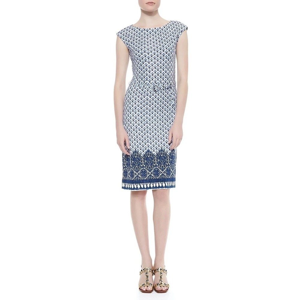 Tory Burch Dress Jamie Cap Sleeve Sheath Womens Small Blue Castillo Corsage